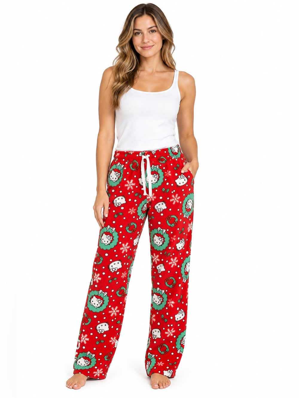 Hello Kitty Christmas Wreath Red Pajama Pants Loungewear Medium